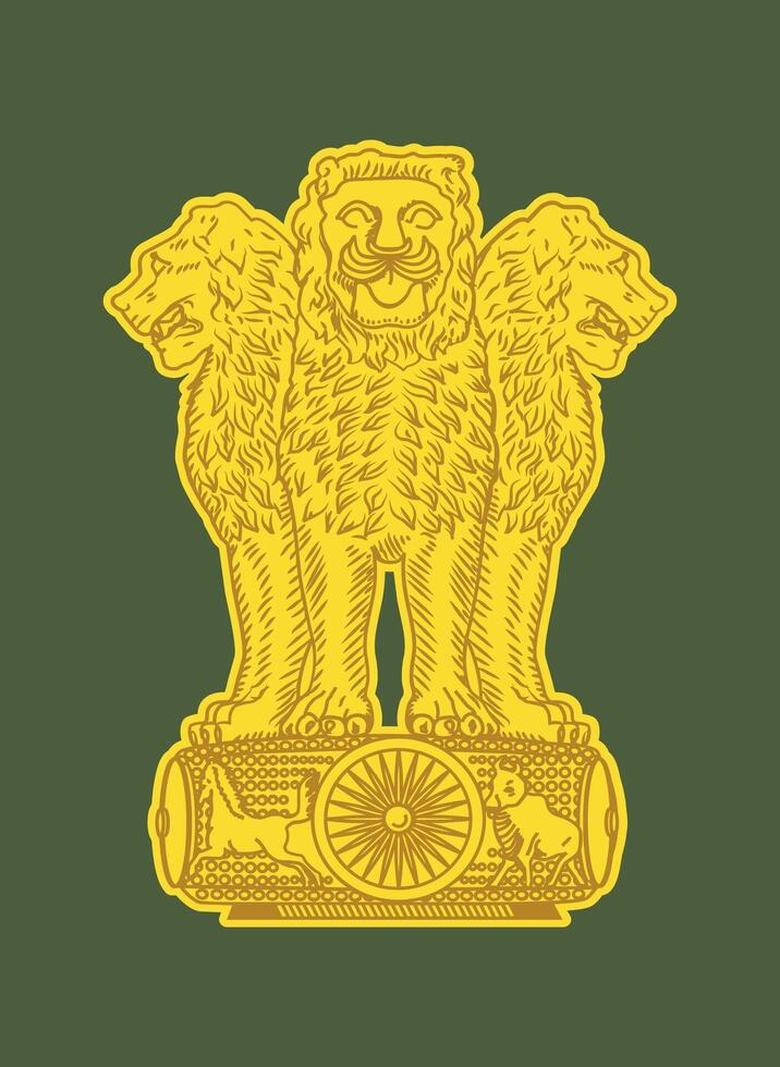 Coat of arms Indian National emblem art with fine details lions, Ashoka chakra, Republic of India. Bharat, constitution Crest Animal for Government Hindi Pillar. Army, Navy, Military Delhi eps vector