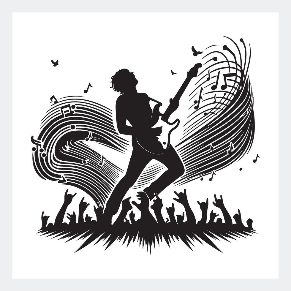 Guitar silhouette, guitar silhouette with music pattern in the background vector