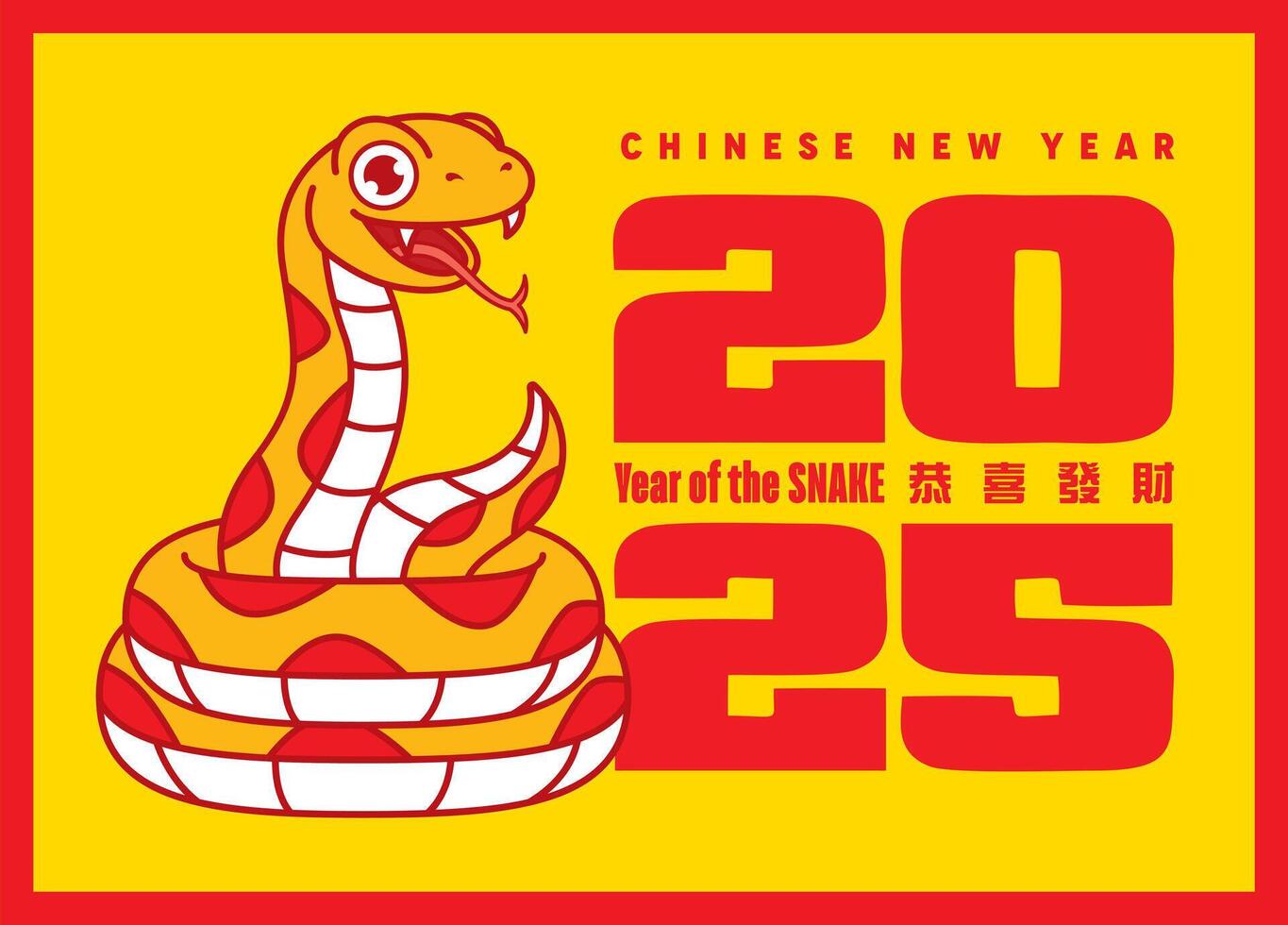 Chinese New Year 2025 greeting card design. Cartoon happy snake with 2025 calendar year tagline on yellow background. Year of the snake for social media, red packet concept vector