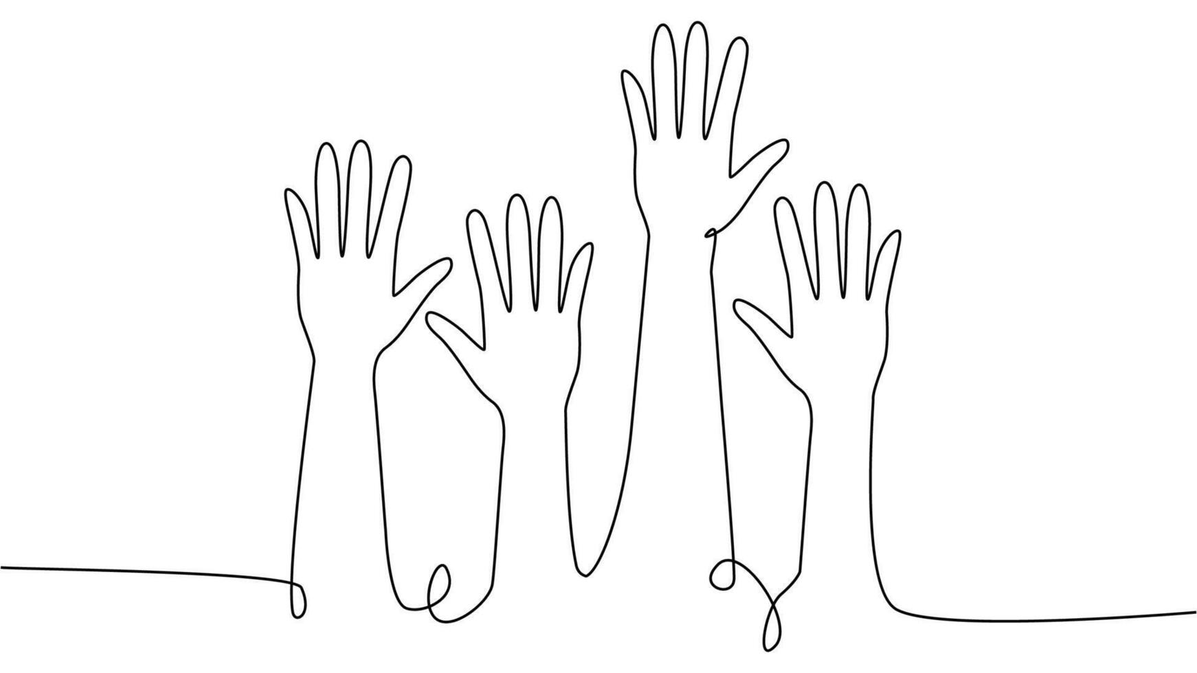 continuous single line drawing of a group of hands raised up. The concept of voting, elections vector