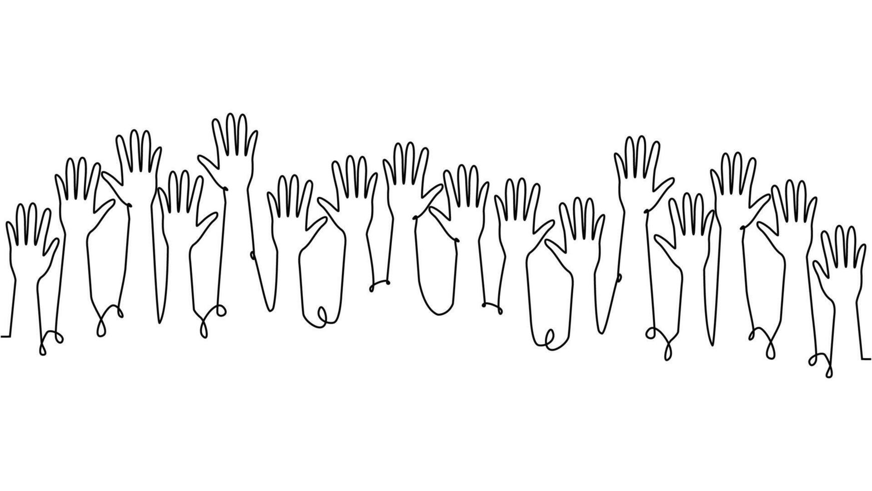 continuous single line drawing of a group of hands raised up. The concept of voting, elections vector