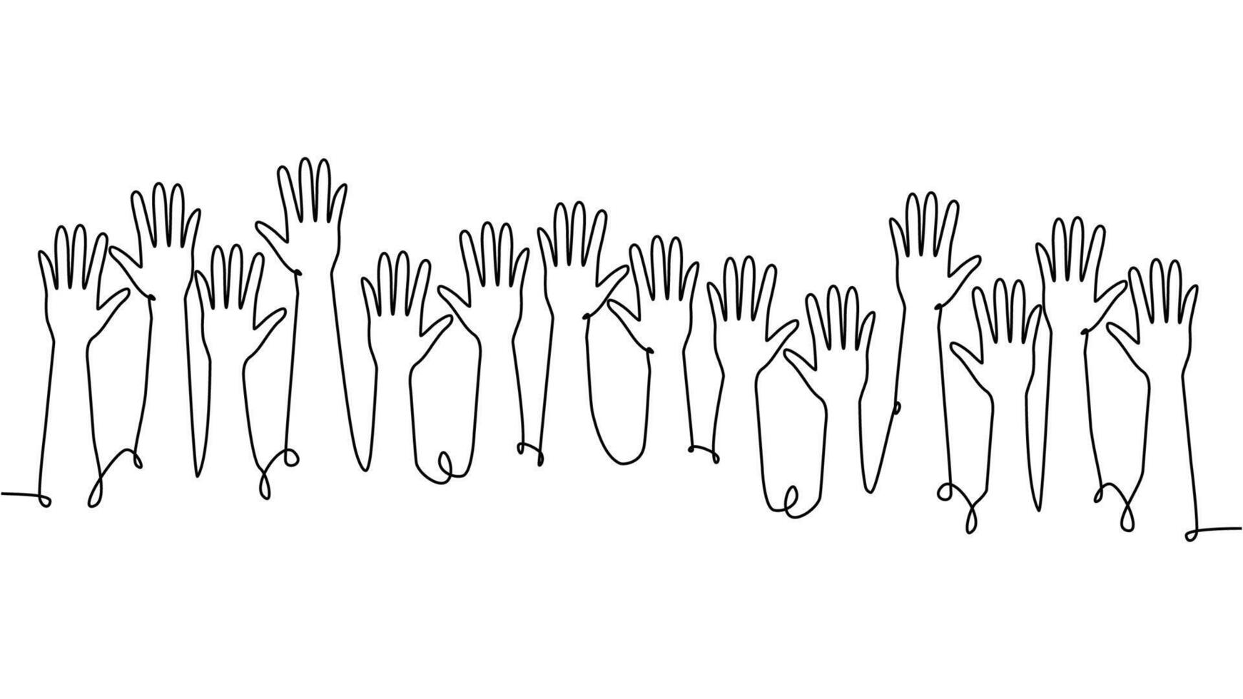 continuous single line drawing of a group of hands raised up. The concept of voting, elections vector