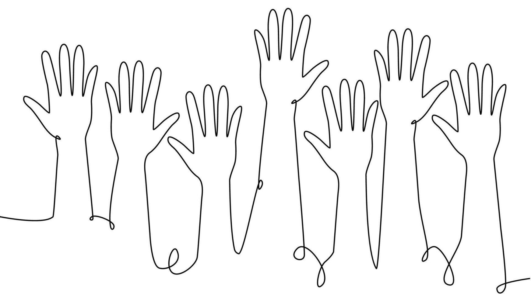 continuous single line drawing of a group of hands raised up. The concept of voting, elections vector
