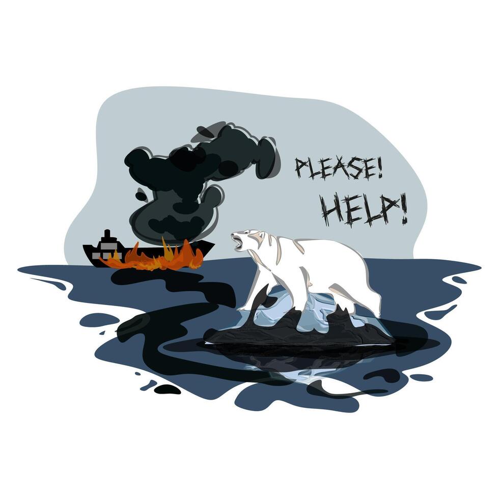 Oil spill in sea and dirty bear. Environment disaster, ocean pollution, ecology catastrophe concept. vector