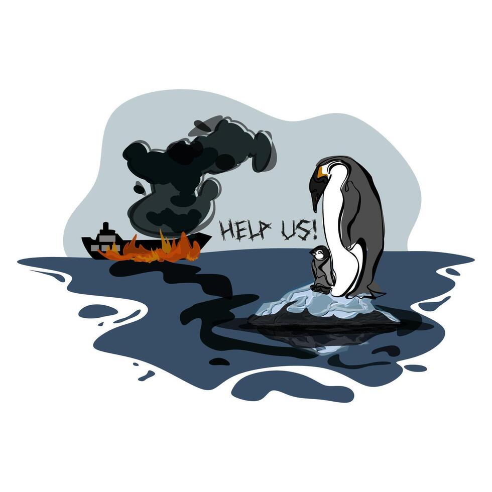 Oil spill in sea and dirty penguin. Environment disaster, ocean pollution, ecology catastrophe vector