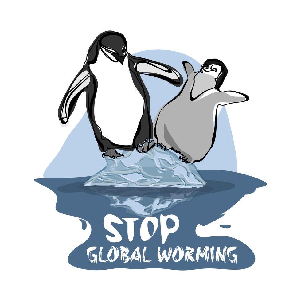 Global warming poster design penguin standing on melting ice floe vector