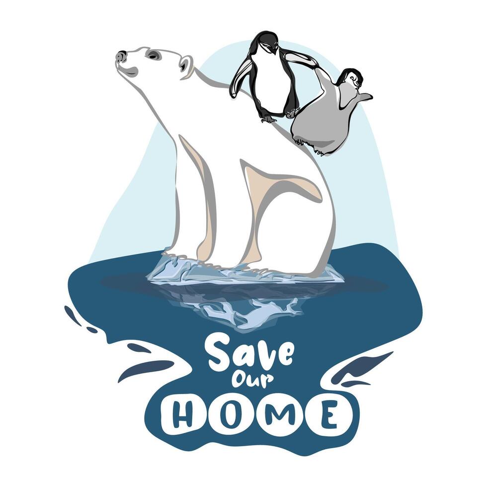 Global warming poster design polar bear and penguin standing on melting ice floe vector
