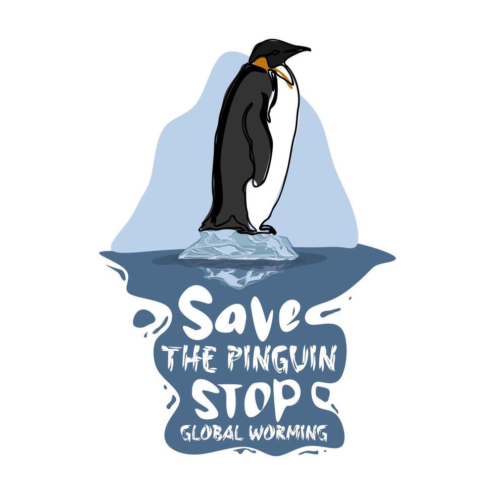 Global warming poster design penguin standing on melting ice floe vector