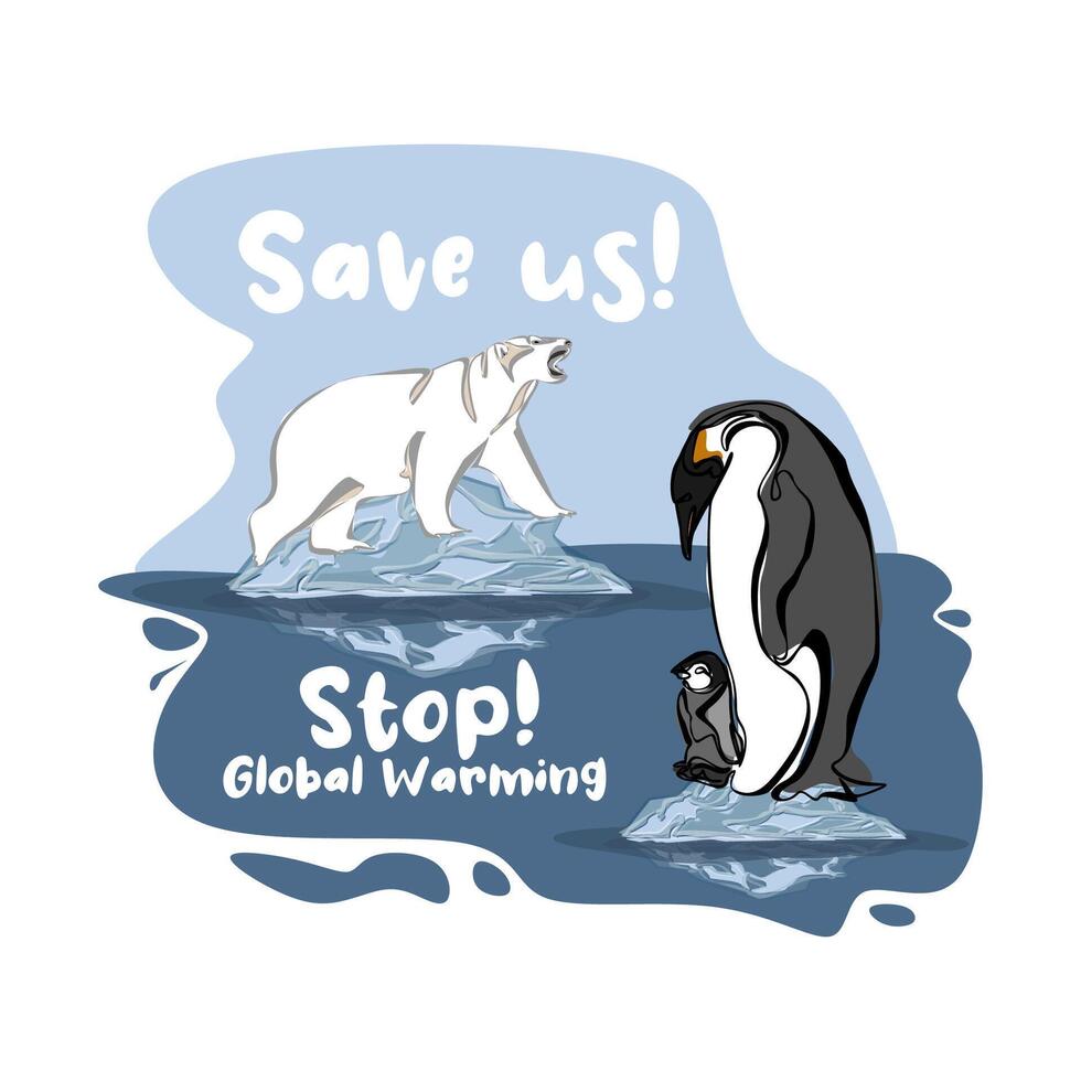Global warming poster design penguin and polar bear standing on melting ice floe vector