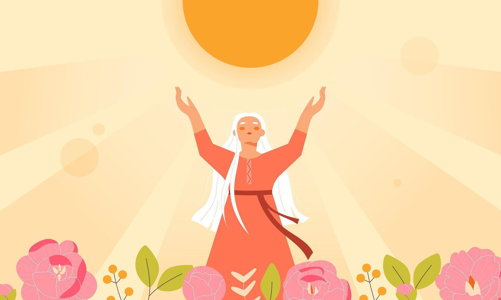 Summer solstice. The longest day. Girl in dress greets the sun vector