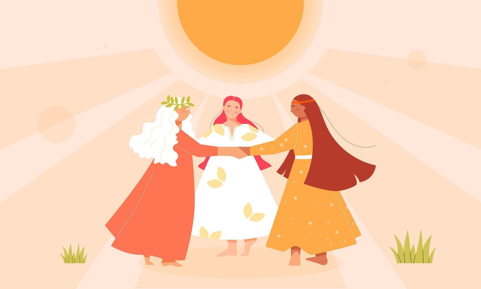 Summer solstice. Round dance. The longest day. Girls in dresses dance in circles vector