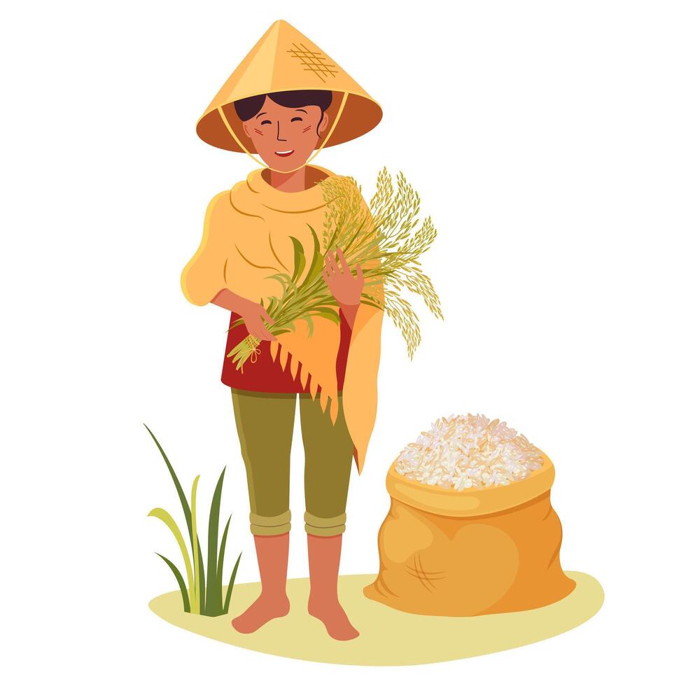 Vietnamese woman farmer. Rice harvest. Asian woman with bunch of rice ears and full sack of grain vector