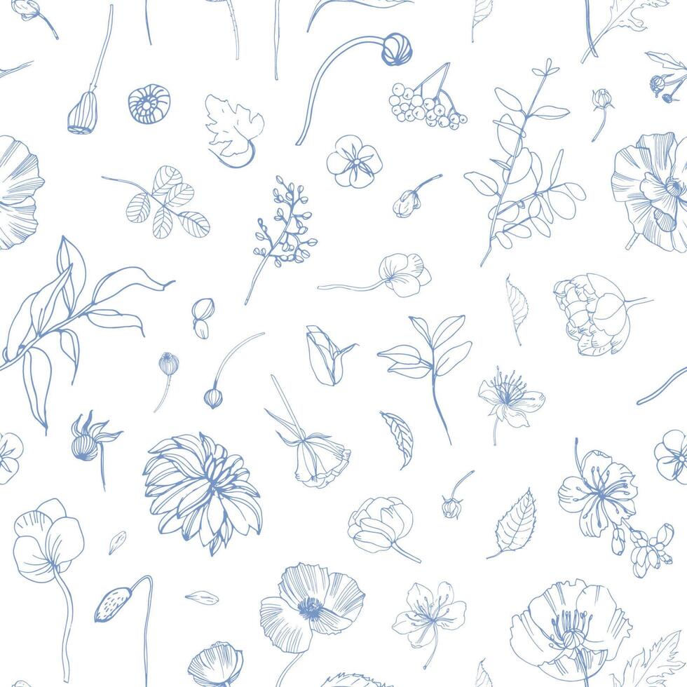 Floral seamless pattern with scattered blooming garden flowers, leaves, buds, inflorescences hand drawn with blue contour lines on white background. Natural illustration in vintage style. vector