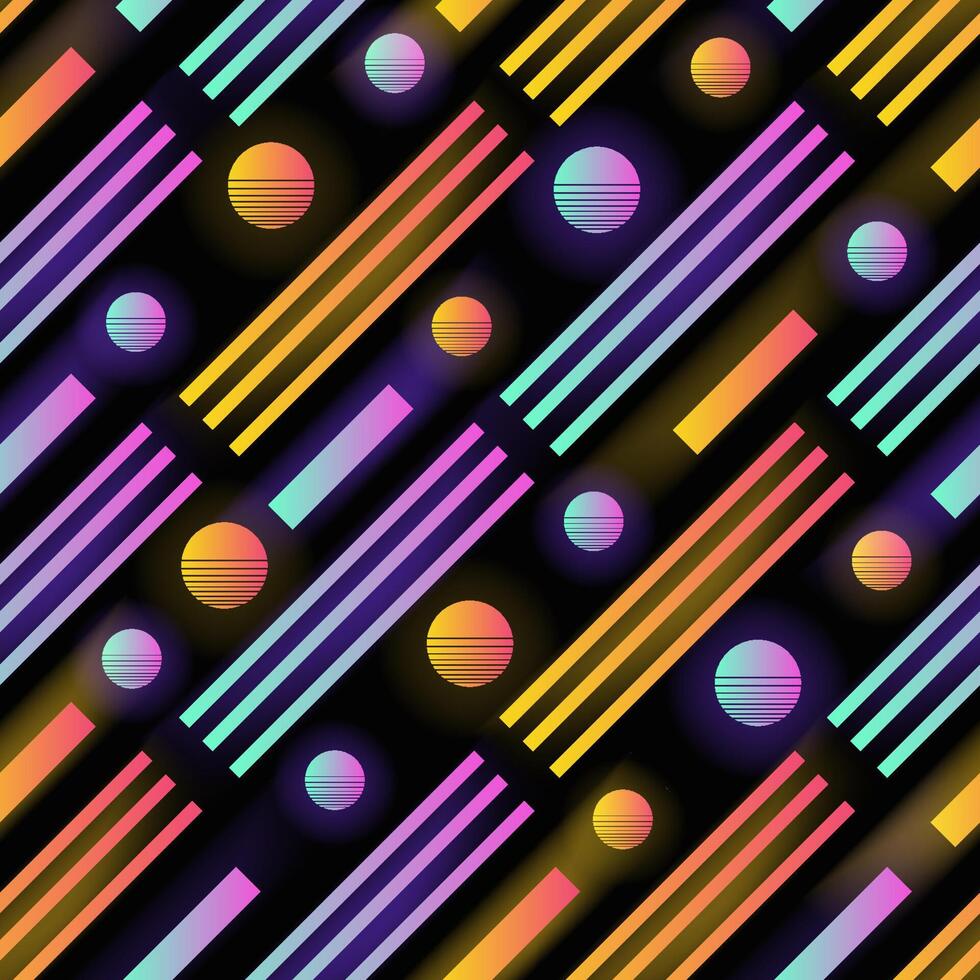 Futuristic seamless pattern with glowing gradient colored circles, stripes and diagonal parallel lines. illustration in 1980s style for wallpaper, wrapping paper, backdrop, textile print. vector