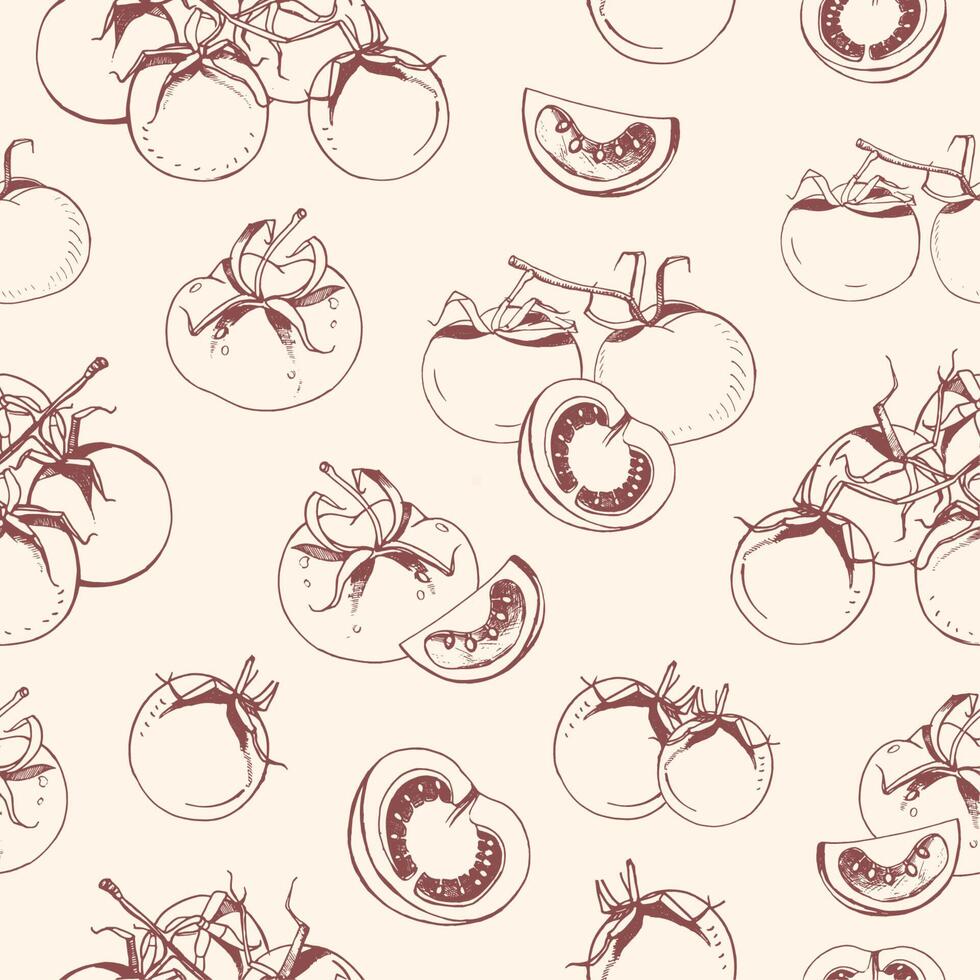 Seamless pattern with whole and cut tomatoes hand drawn with contour lines on light background. Backdrop with fresh delicious vegetable. illustration for wrapping paper, textile print. vector