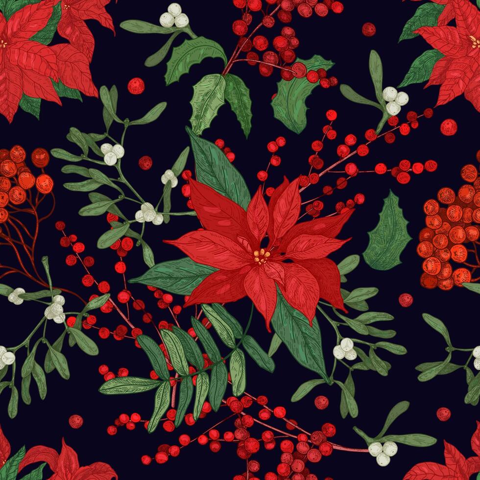 Elegant seamless pattern with parts of winter plants - poinsettia, mistletoe, branches of rowan tree with berries, holly leaves. Hand drawn illustration for wrapping paper, textile print. vector