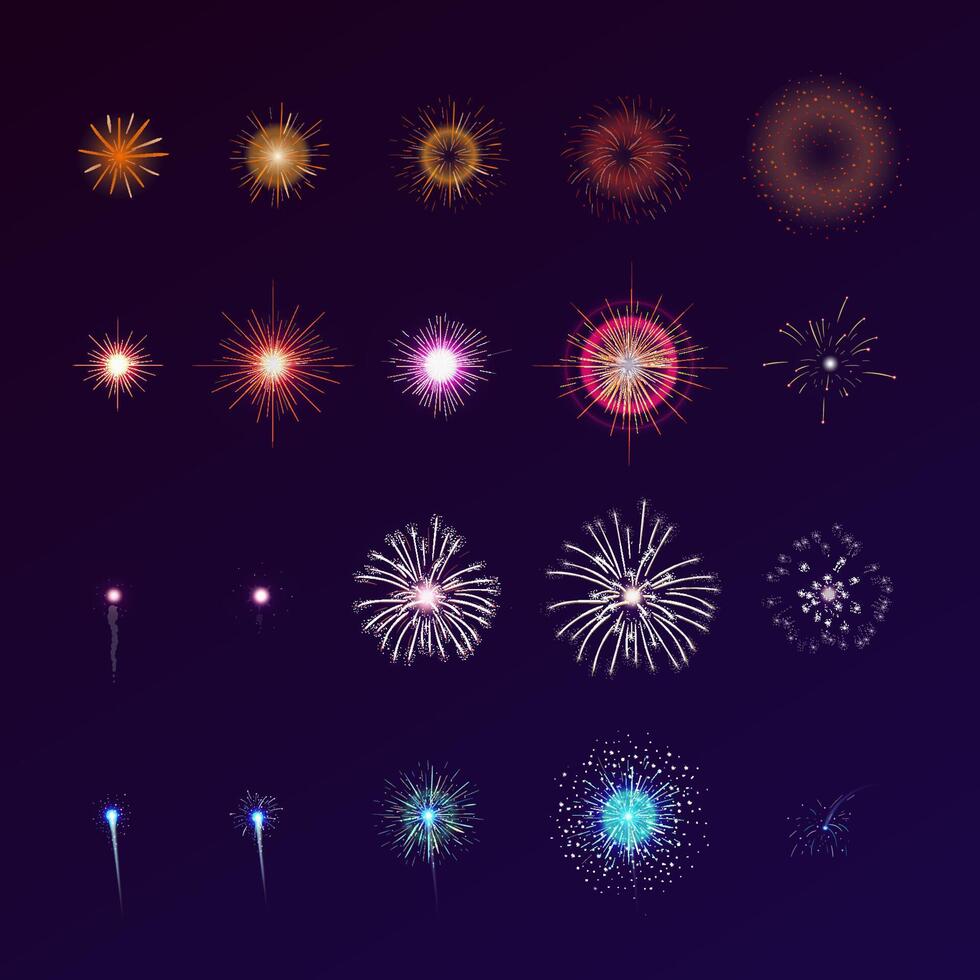 Set of fireworks bursting in sky. Collection of festive bright colored flashing lights. Bundle of celebratory design elements isolated on dark background. Colorful illustration for animation. vector