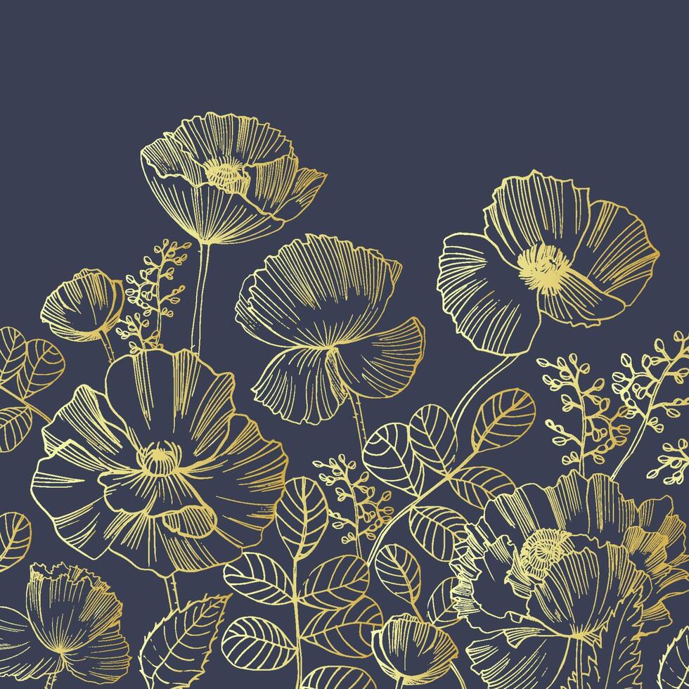 Elegant natural square backdrop with poppy flowers growing from bottom edge hand drawn with golden contour lines on black background. Beautiful floral decoration. Botanical illustration. vector
