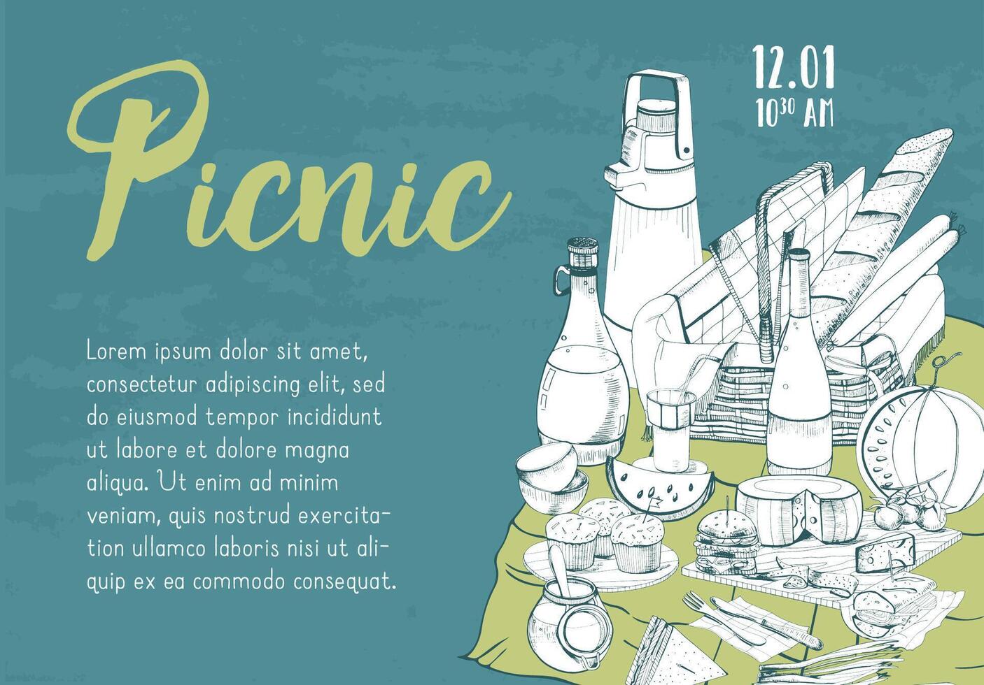 Horizontal banner, poster, picnic announcement or invitation template with traditional basket for outdoor dining hand drawn on green background and place for text. Monochrome illustration. vector
