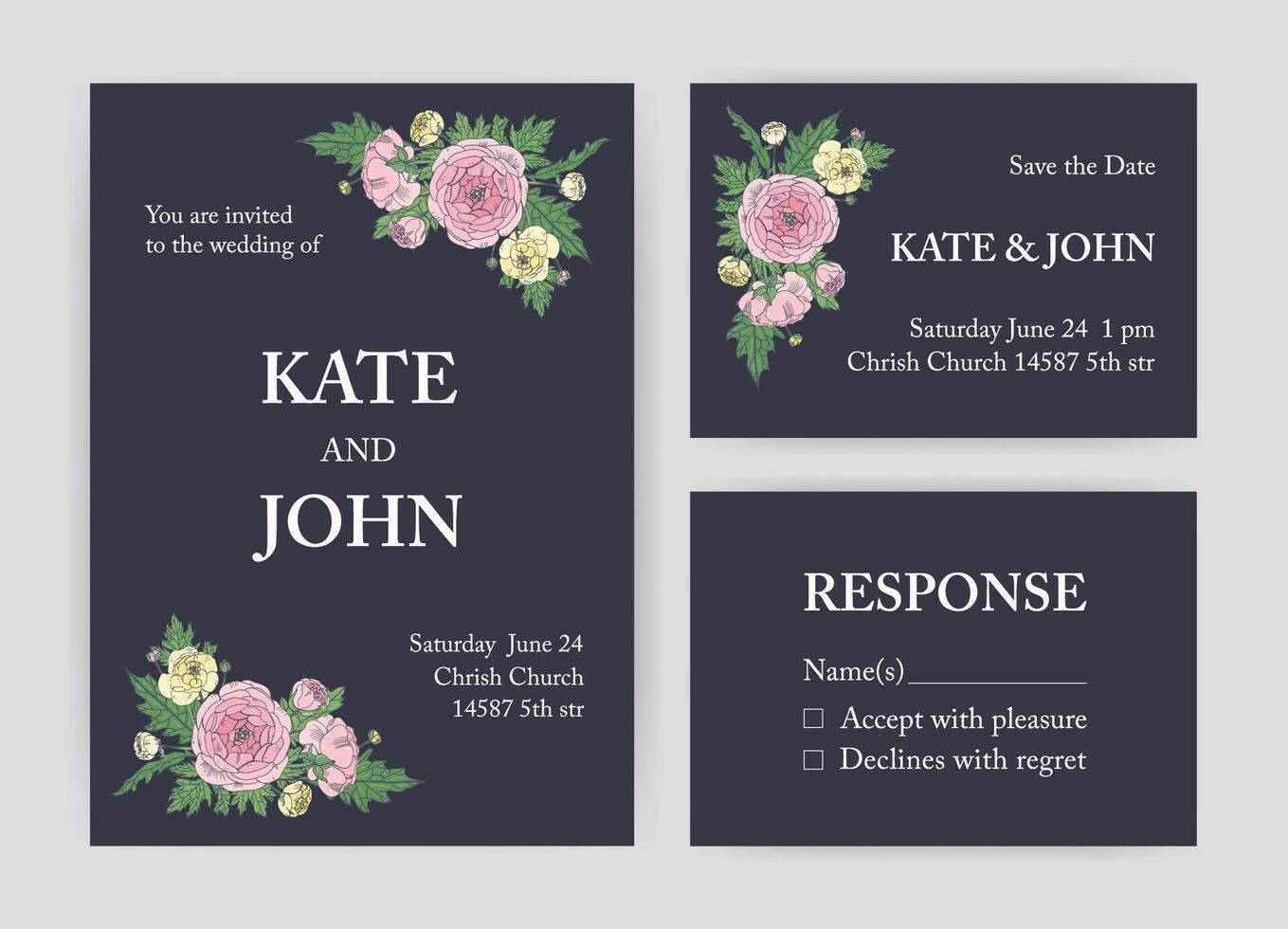 Bundle of beautiful wedding invitation, Save The Date and response card templates decorated with pink and yellow ranunculus flowers and leaves on black background. Botanical illustration. vector