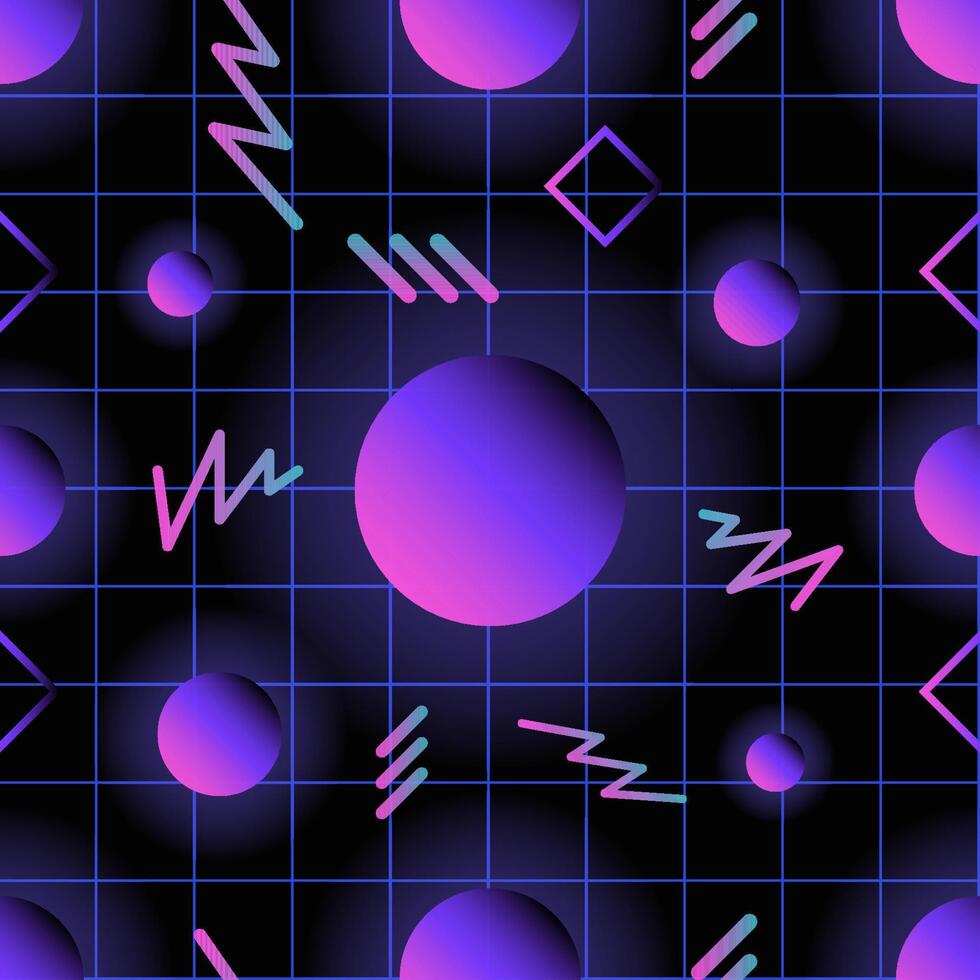 Retro futuristic seamless pattern with glowing gradient colored circles and lines against dark checkered background. illustration in trendy style for wrapping paper, textile print, wallpaper. vector