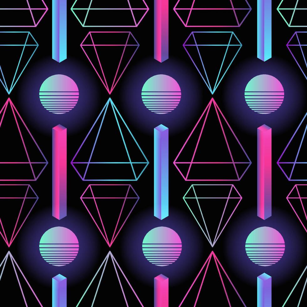 Stylish retro futuristic seamless pattern with gradient colored circles, stripes and polygons on black background. illustration in 1980s style for wrapping paper, backdrop, textile print. vector