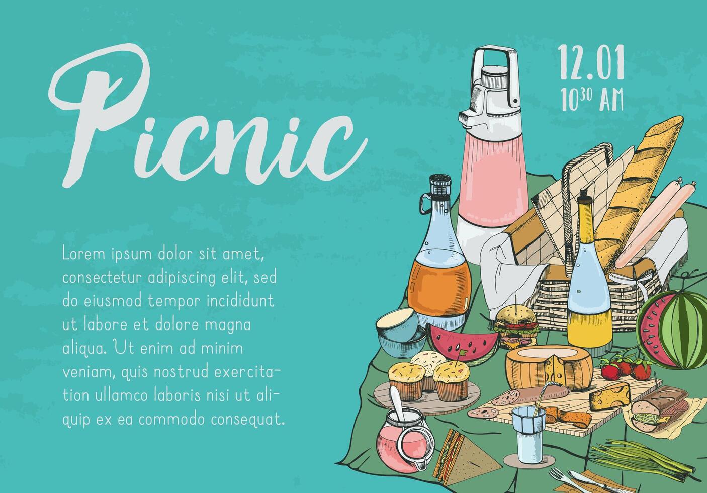 Hand drawn banner, poster, picnic announcement or invitation template with traditional wicker basket for outdoor dining, delicious food lying on cloth and place for text. Colorful illustration. vector