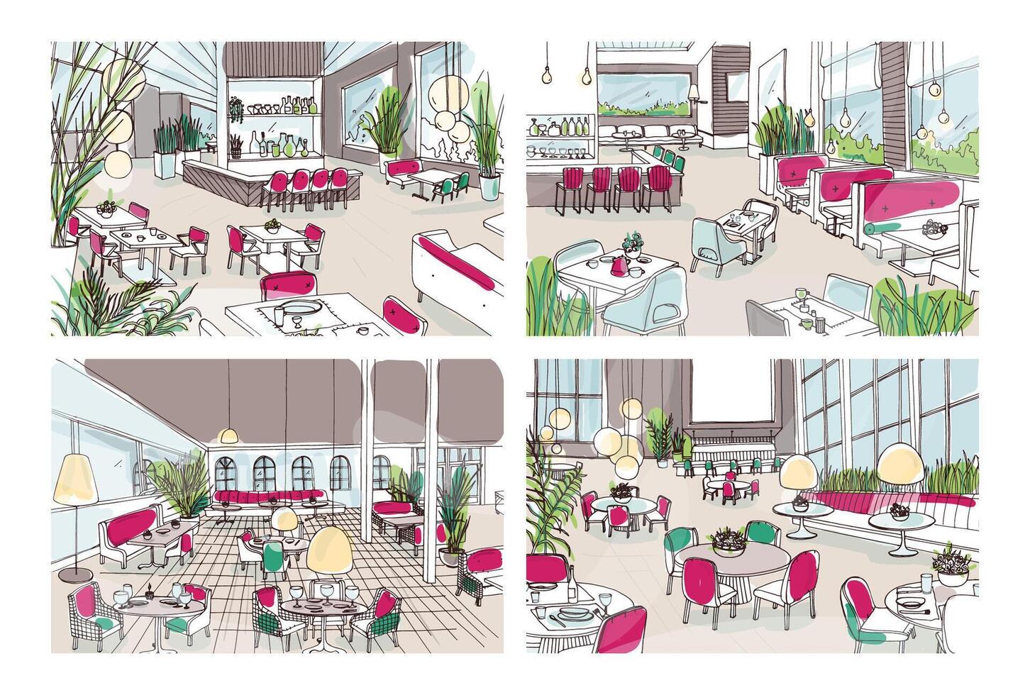Bundle of colorful sketches of restaurant or bistro interiors with modern furnishings. Collection of colored freehand drawings of cafe or bar furnished in elegant style. illustration. vector