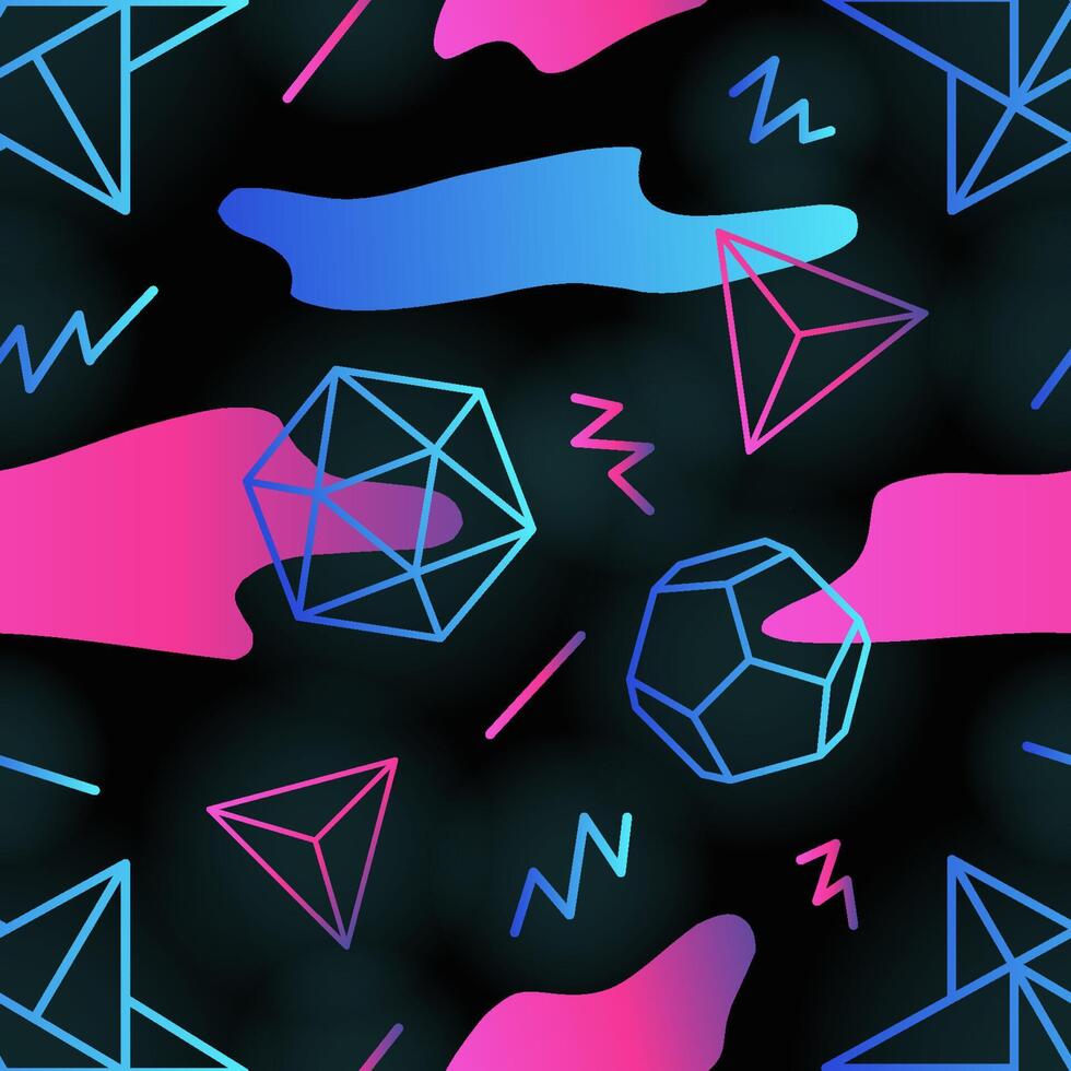 Trendy retro futuristic seamless pattern with outlines of polygonal shapes, gradient colored stains and zigzag lines on black background. illustration in 1990s style for wallpaper, backdrop. vector