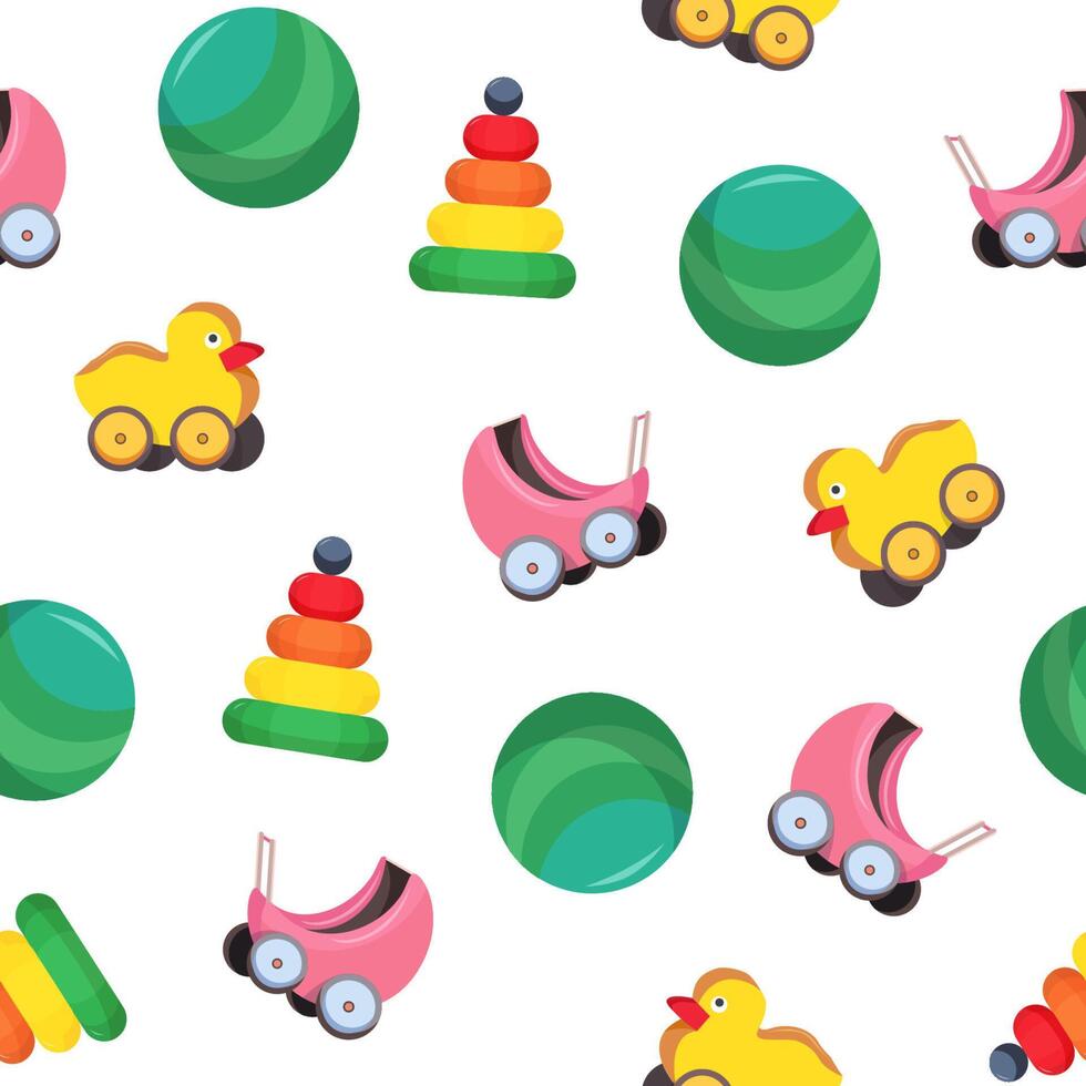 Bright colored seamless pattern with children's toys - baby carriage, ball, pyramid, duck with wheels on white background. Childish illustration for wallpaper, textile print, wrapping paper. vector