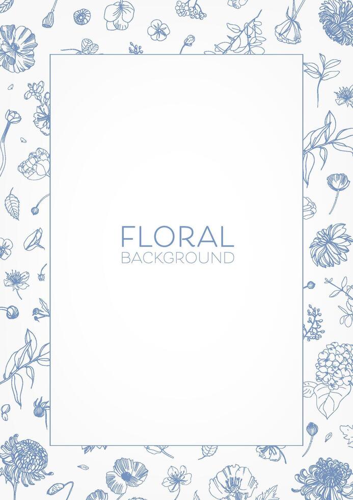 Elegant decorative floral frame or border with blooming garden flowers hand drawn with blue contour lines and place for text in center. Botanical illustration for greeting card, invitation. vector