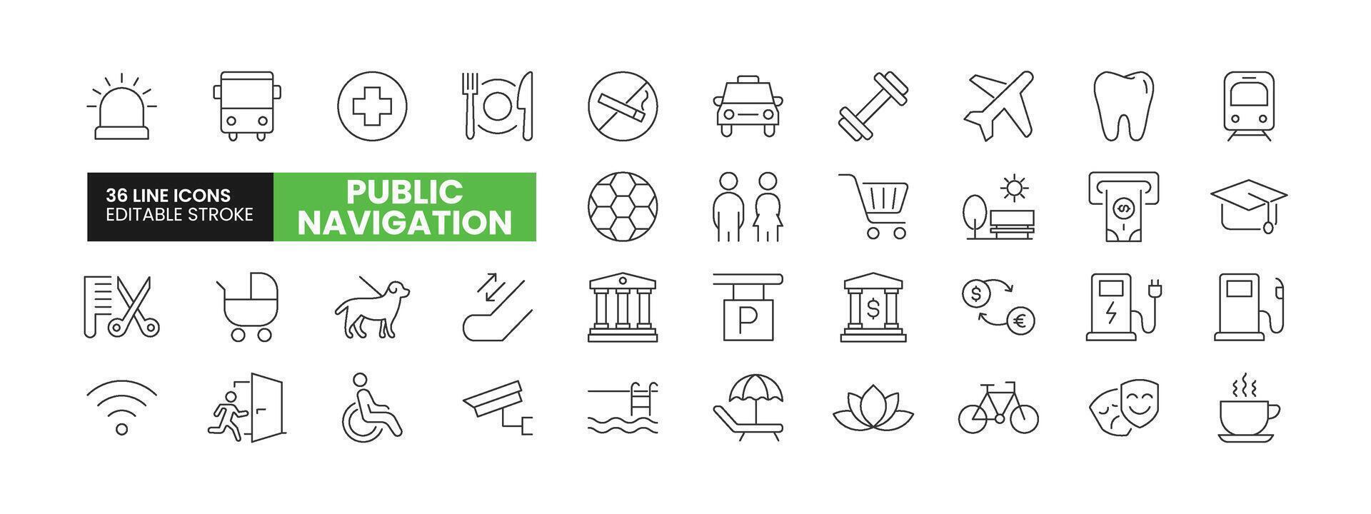 Set of 36 Public Navigation line icons set. Public Navigation outline icons with editable stroke collection. Includes Taxi, Education, Barber, Internet, Disablity, and More. vector