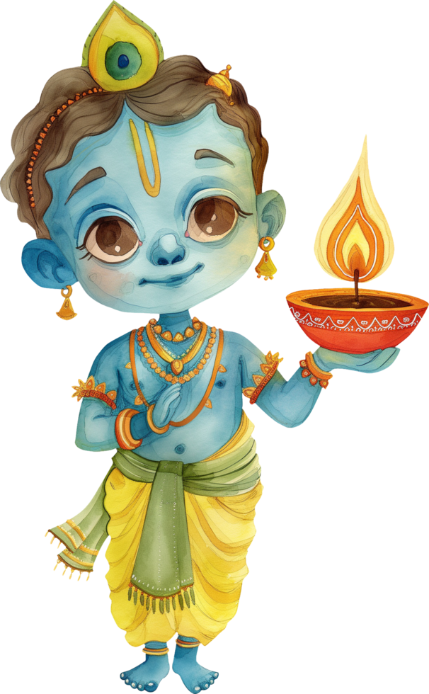 Cute Krishna God holding Diwali lamp png