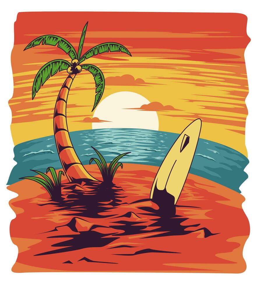 Landscape illustration of sunset on the beach. perfect to use as a poster, sticker or wallpaper. Summer illustration collections. vector