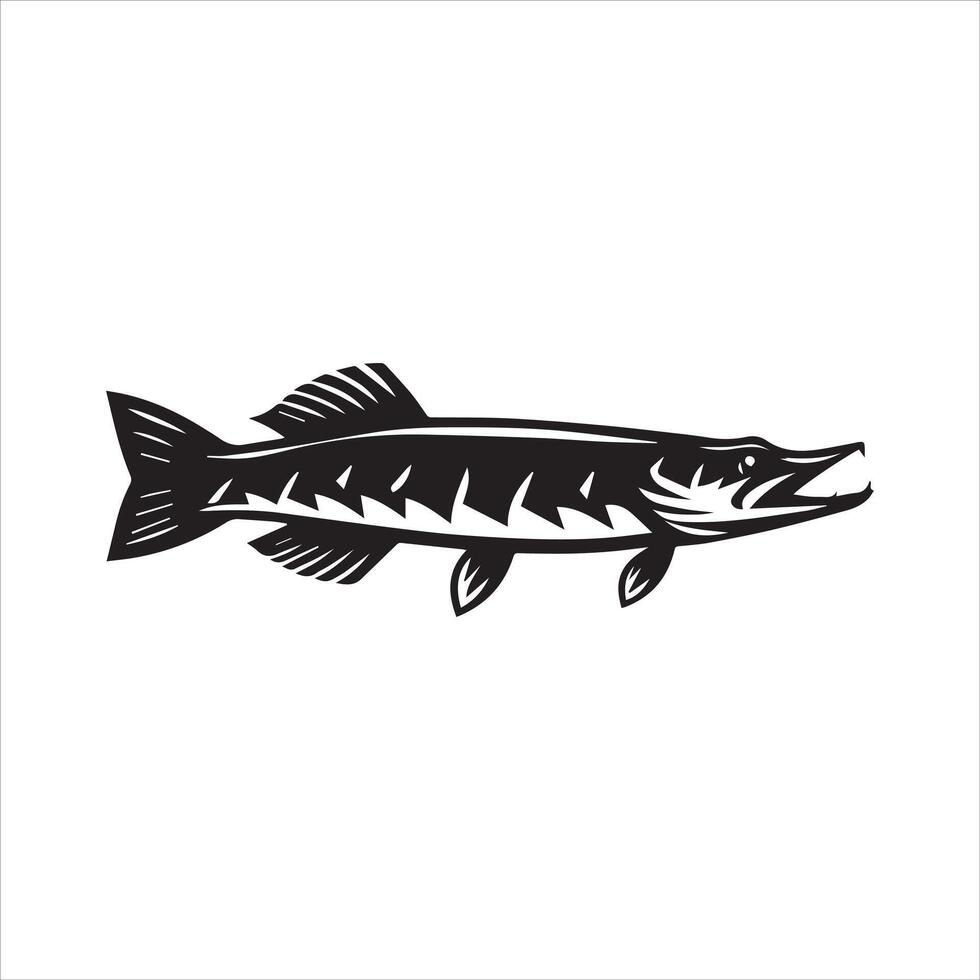 Pike Fish Silhouette - Fish Clipart illustration in black and white vector