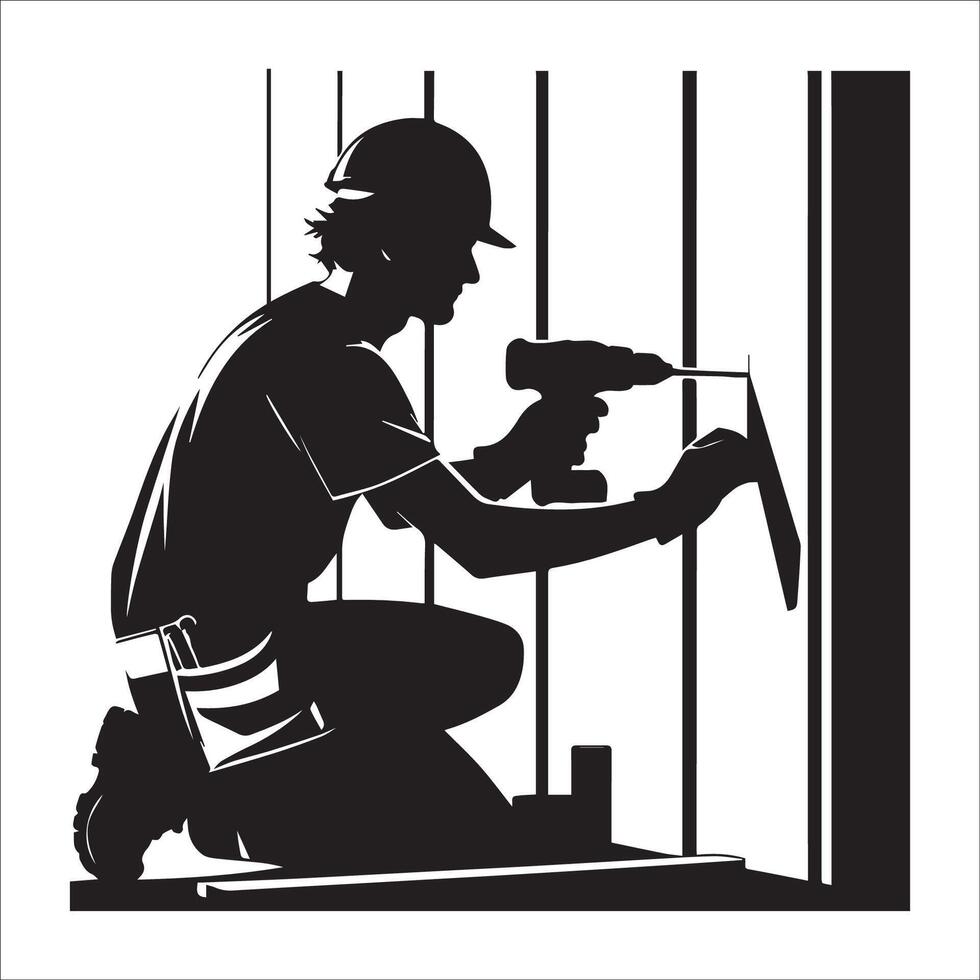 A builder installing drywall illustration in black and white vector