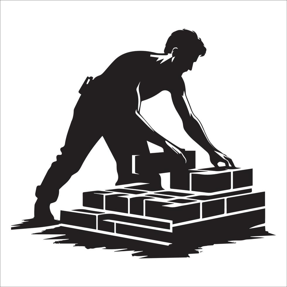 A builder laying bricks with precise hand movements and concentration illustration in black and white vector