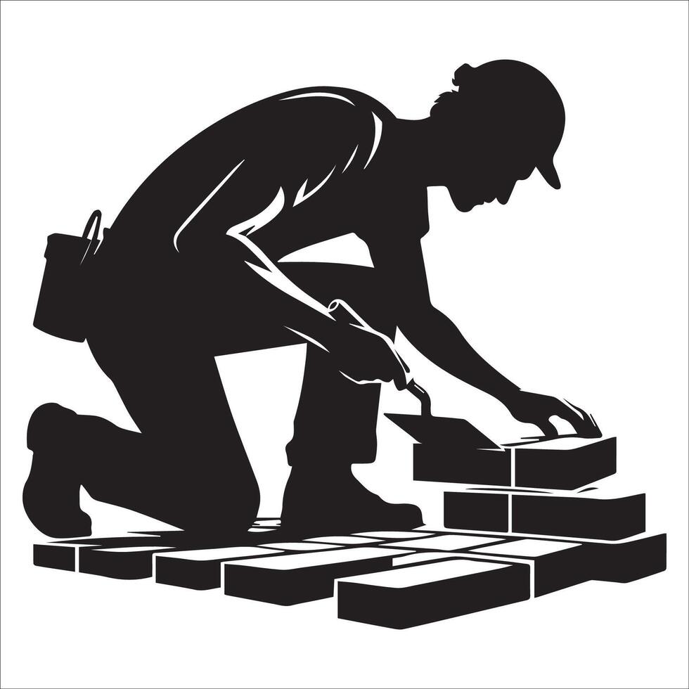 A builder laying bricks with precise hand movements illustration in black and white vector
