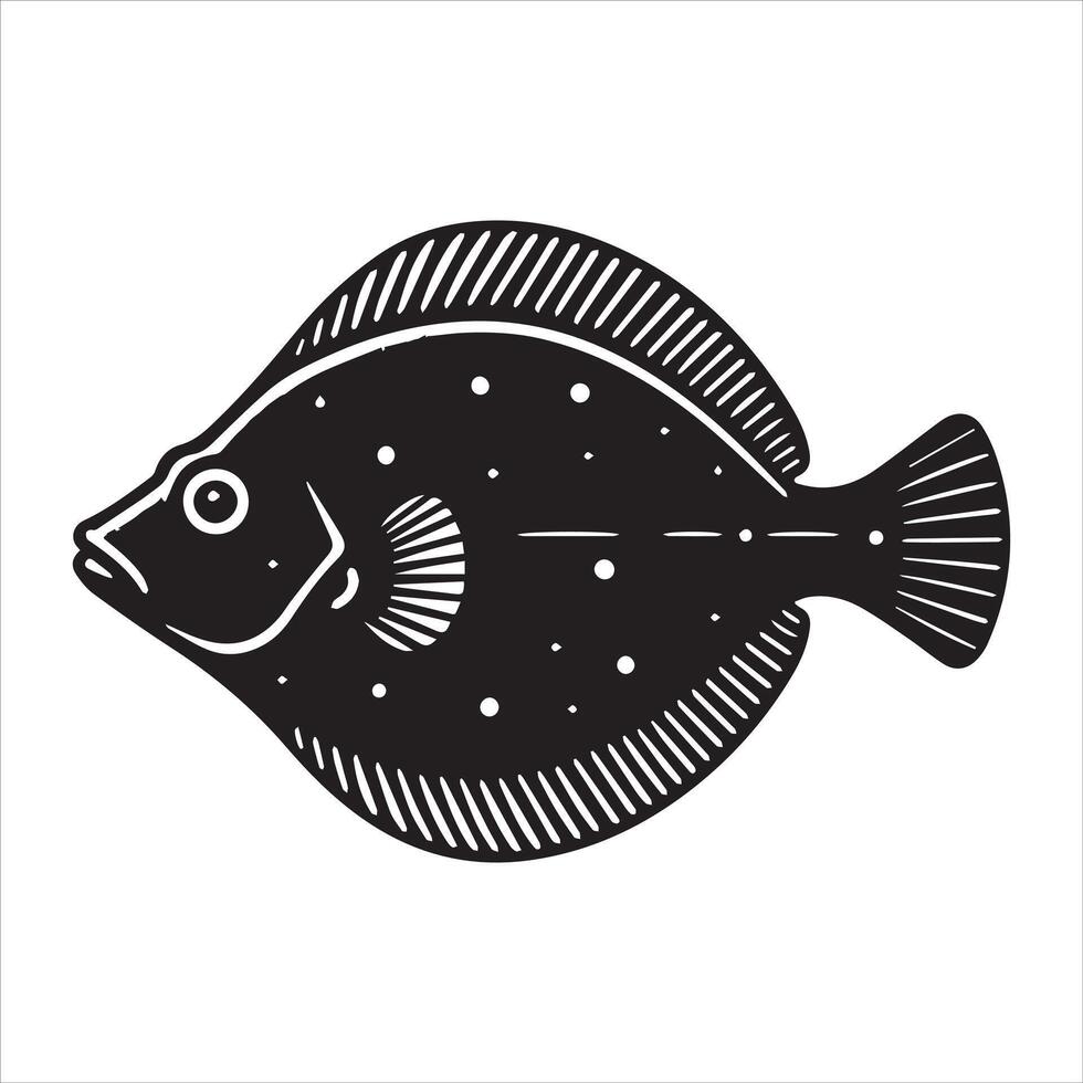 Flounder Fish Silhouette - Fish Clipart illustration in black and white vector