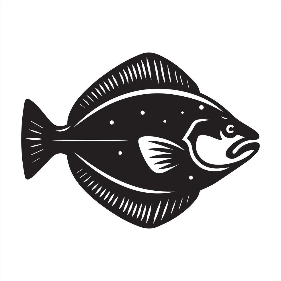 Halibut Fish Silhouette - Fish Clipart illustration in black and white vector