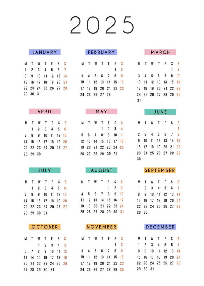English vertical calendar 2025 year. stationery calendar week starts Monday. Yearly organizer. Simple calendar template in minimal design. Business illustration. vector
