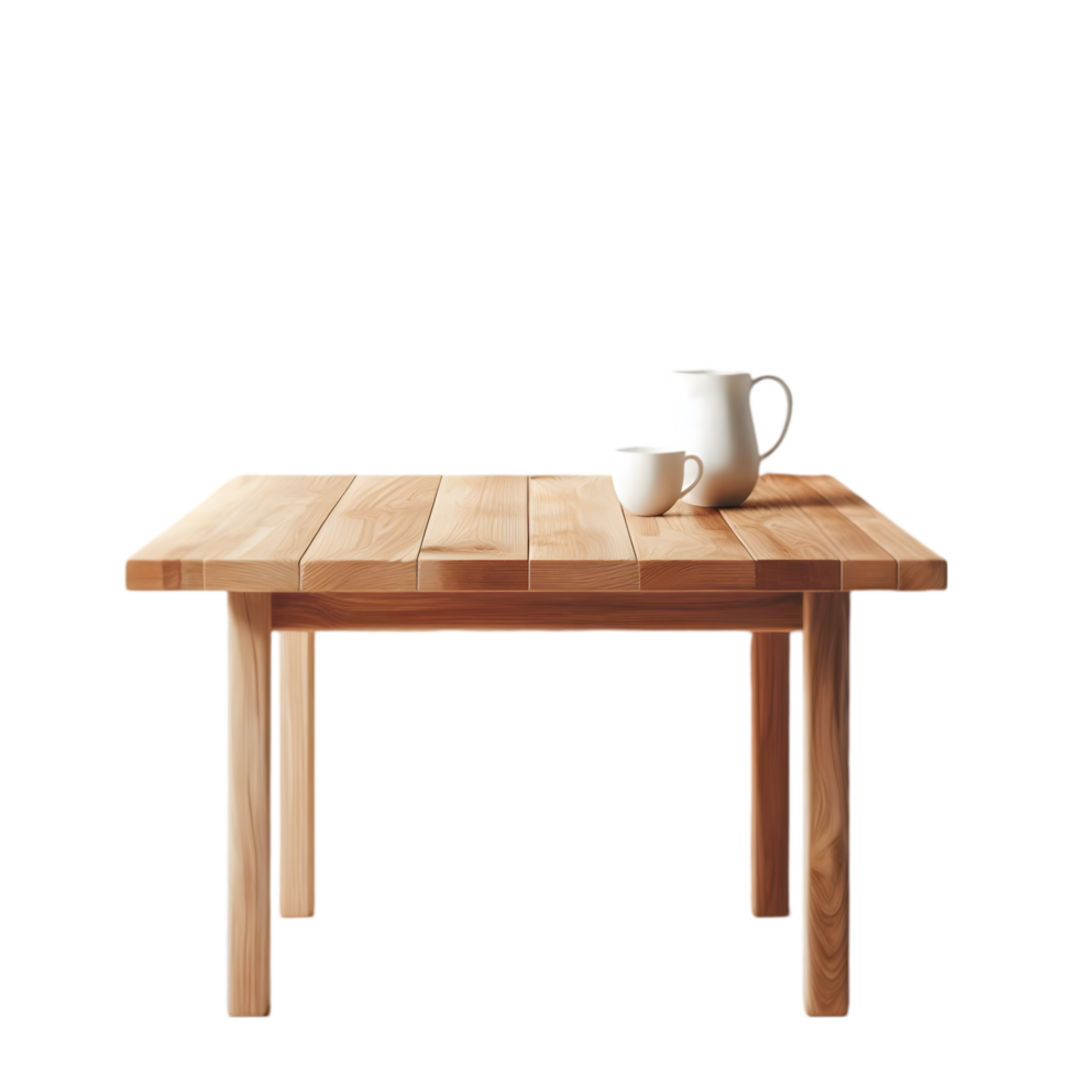 Wooden table with a cup and a pitcher isolated from background png