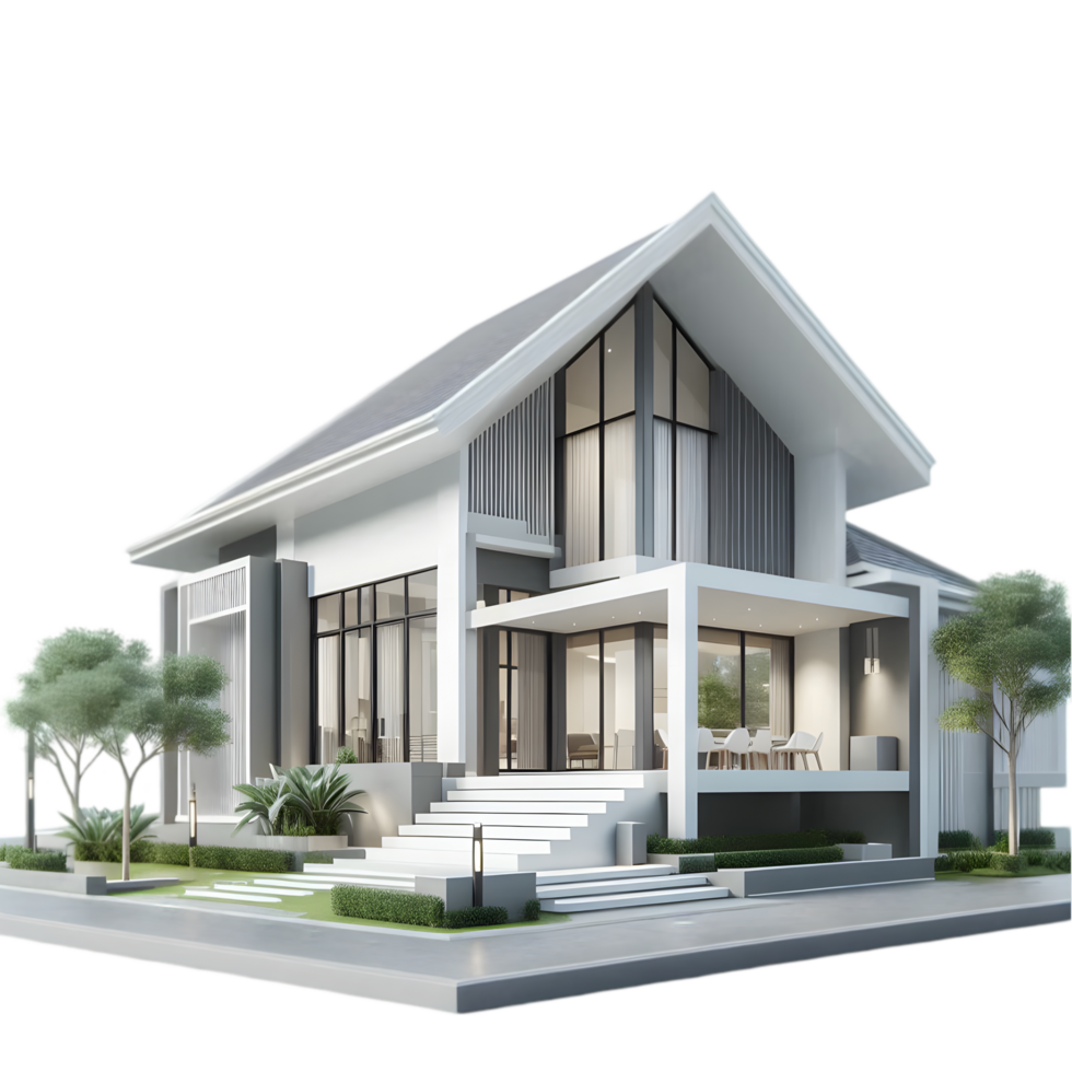 Modern house with white exterior and windows isolated from background png