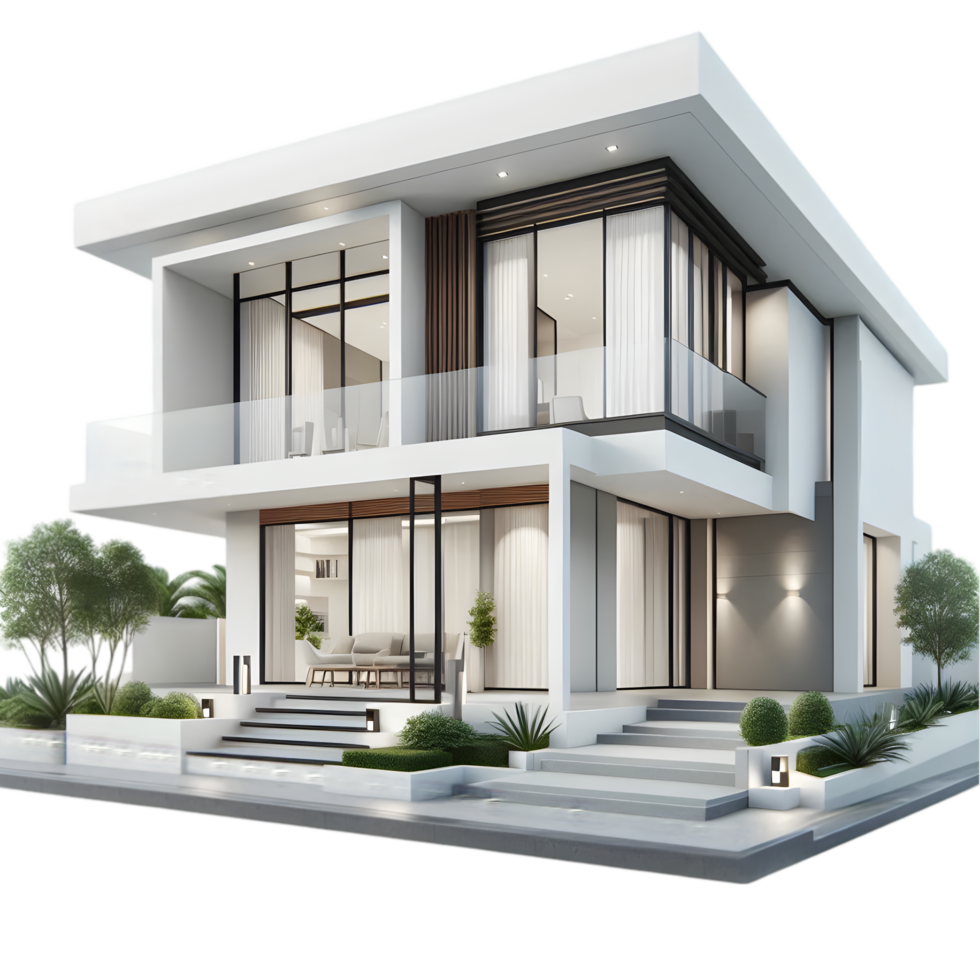 Modern house with white exterior and glass windows isolated from background png