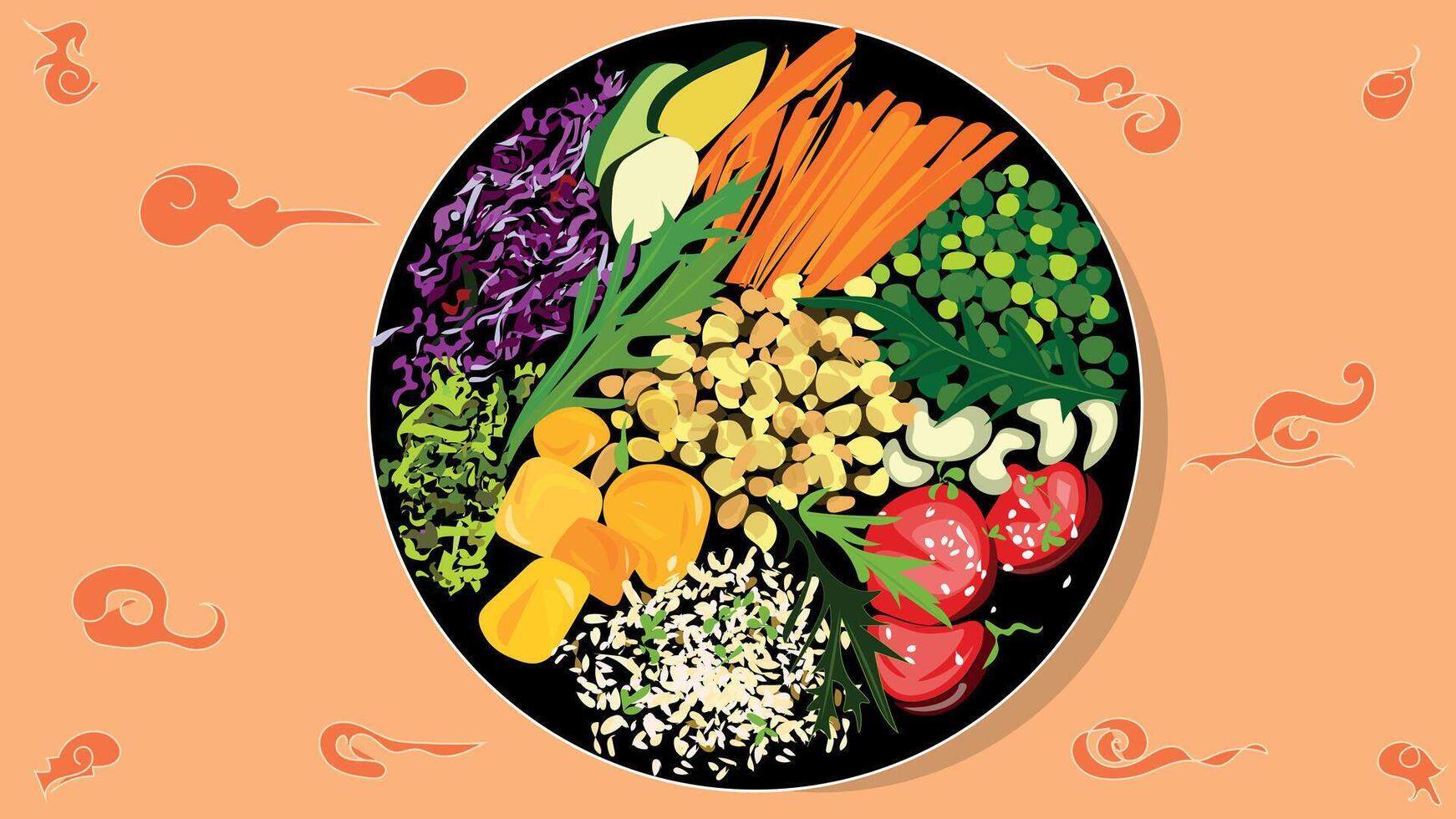 Useful and healthy food. Fresh vegetables and herbs, tomatoes and beans with sesame improve your health. vector