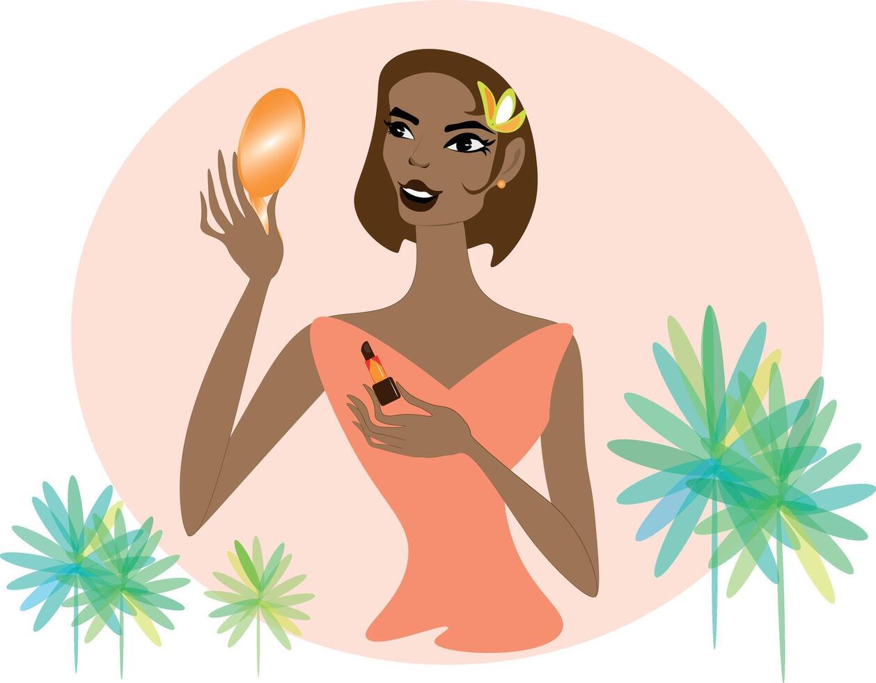 charming Lady with the mirror. Beautiful Lady looks in the mirror painting her lips and thinks what she needs more for make-up, mascara, foundation, powder, highlighter, eyebrow and eye pencil, blush. vector
