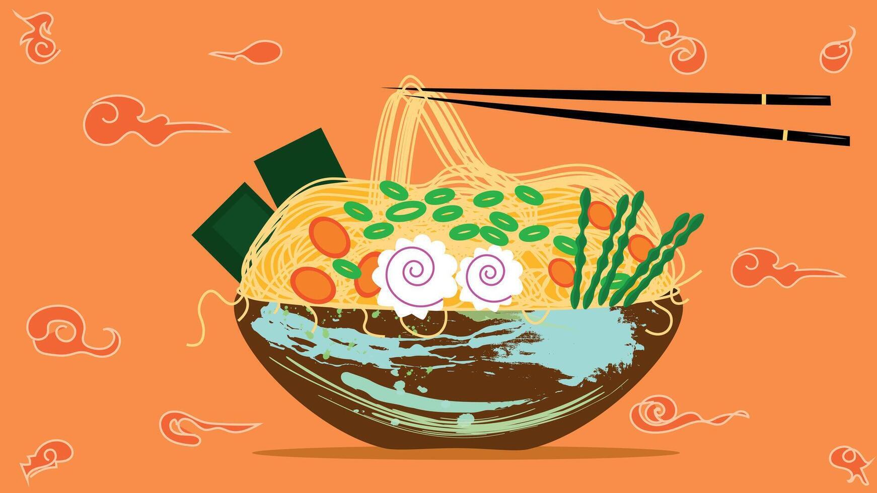 Yummy noodles. Large bowl of aromatic noodles with vegetables. vector