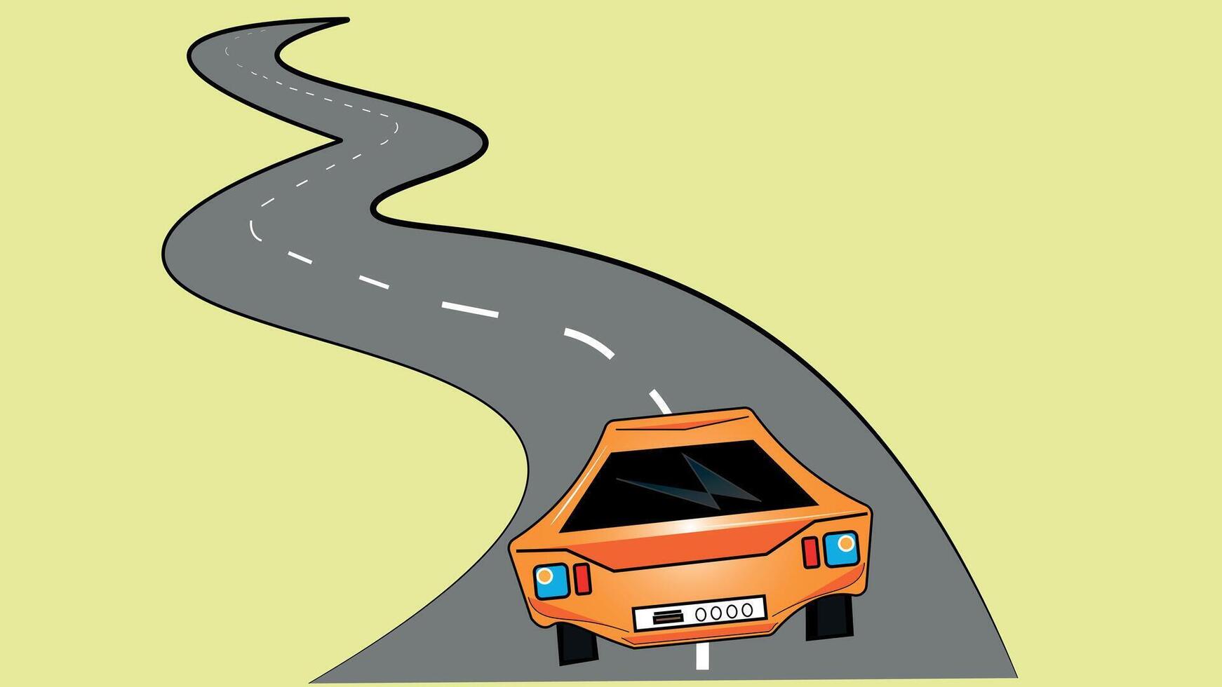 A long road. On the road, a car drives away towards its destination. vector