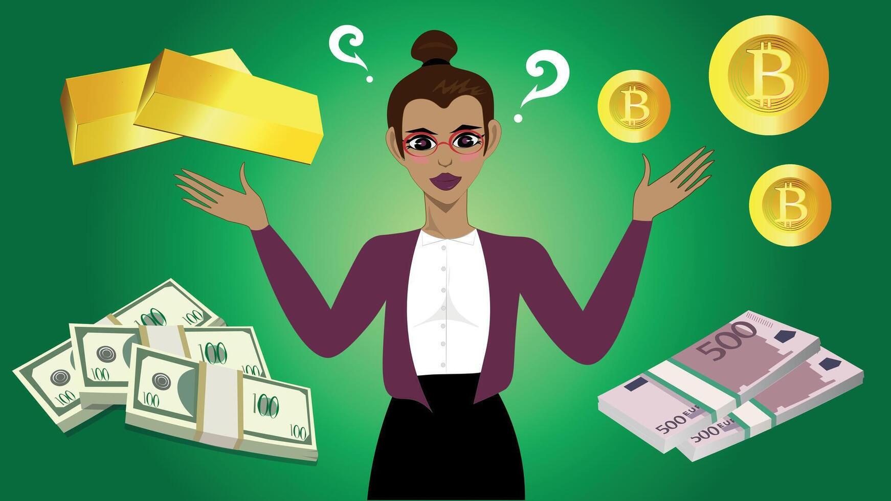 The lady is puzzled about what is going on in the world of economics and finance right now, gold, the dollar, the euro, bitcoin. vector