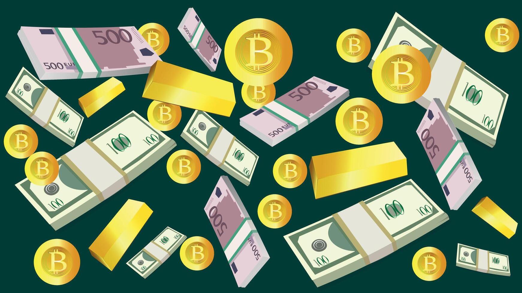 Lots of stacks of dollars, stacks of euros, bitcoin coins. Different currencies in large quantities. Background of different kinds of currencies. vector